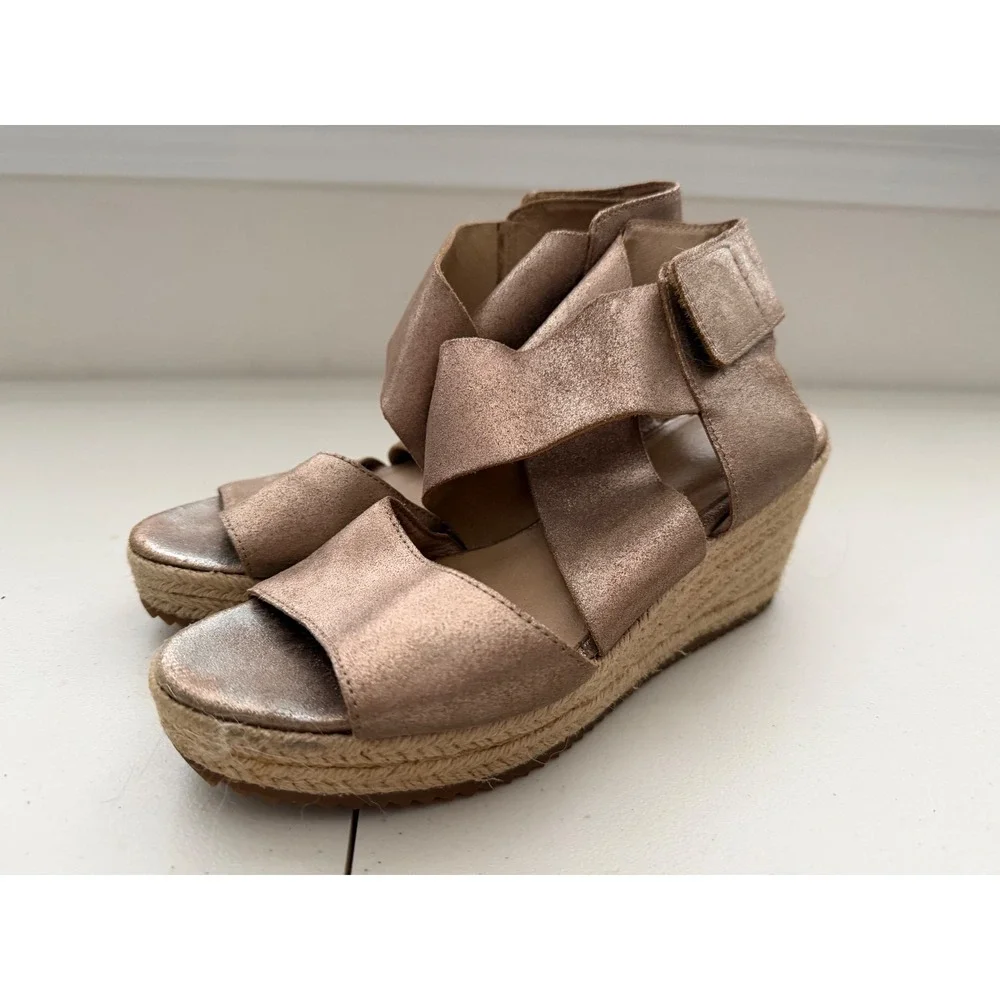 Eileen Fisher Willow Metallic Bronze Suede Jute Espadrille Wedge Sandals 8.5